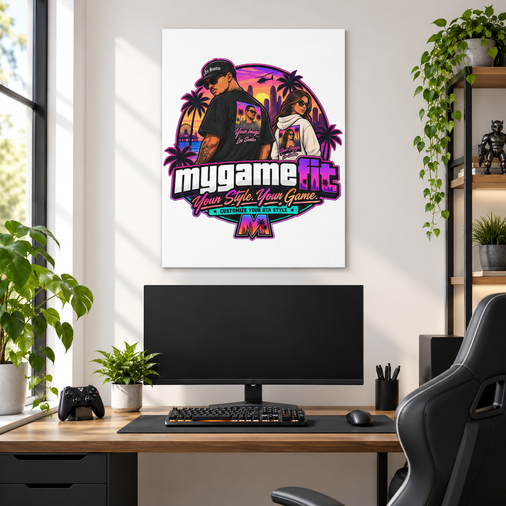 Illustrative mockup — Canvas displayed above a gaming desk
