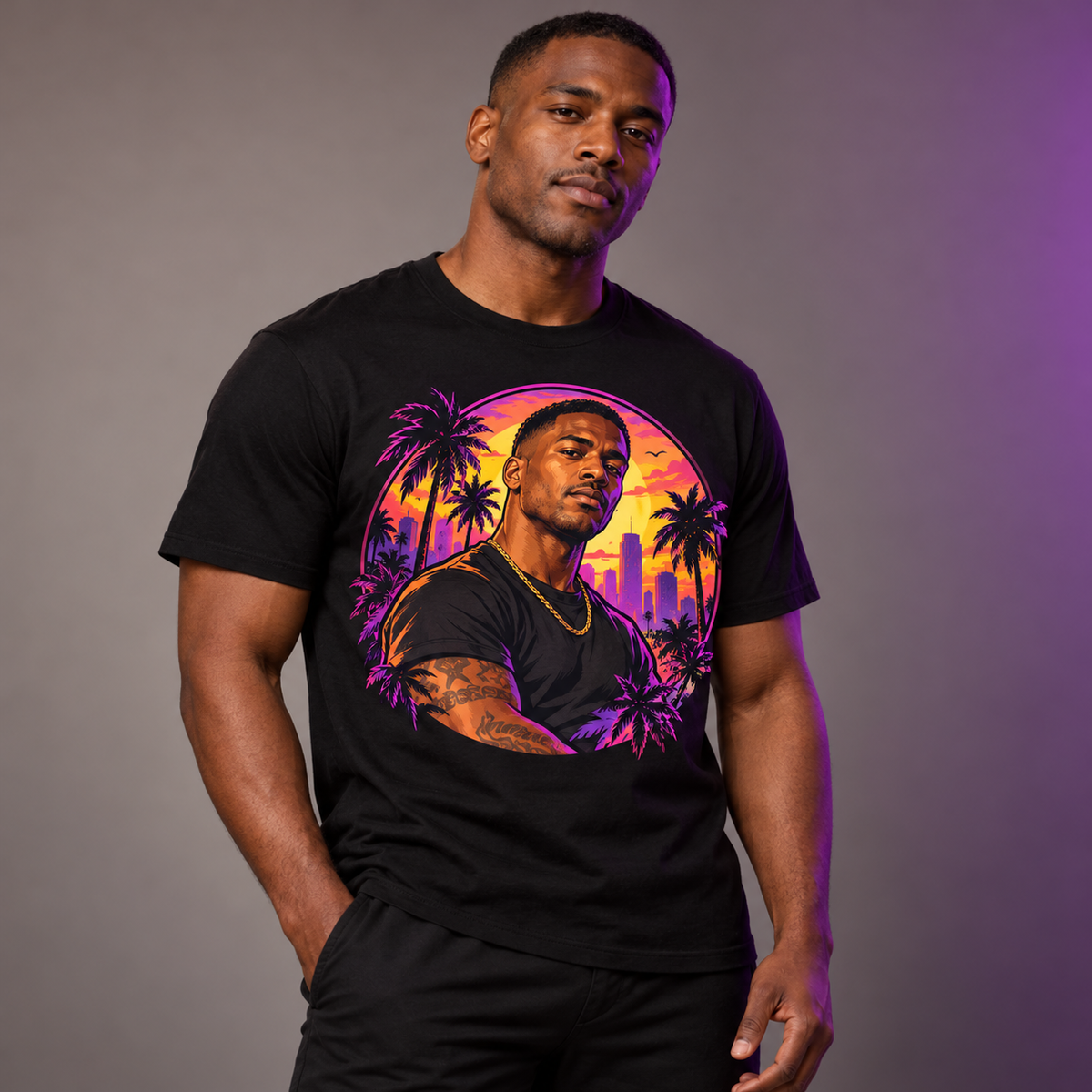 Black T-shirt modeled by a Black man on a warm gray studio background