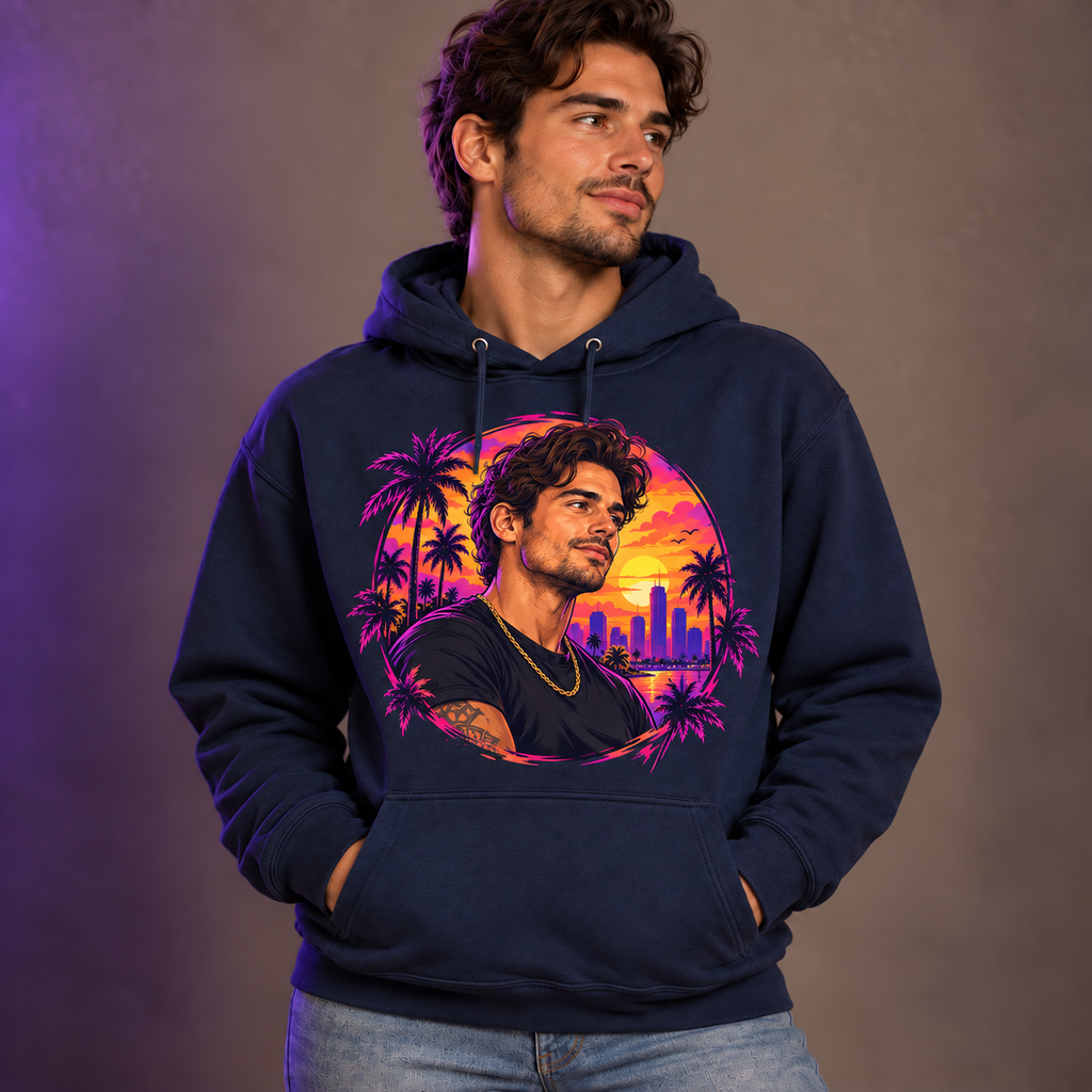 Male model wearing the navy My Game Fit hoodie against a gray studio background