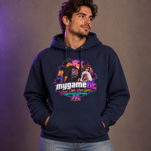 Male model wearing the navy My Game Fit hoodie against a gray studio background