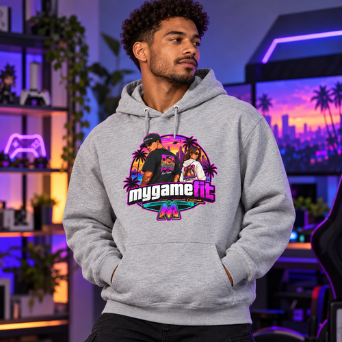 Model wearing My Game Fit Sport Grey hoodie