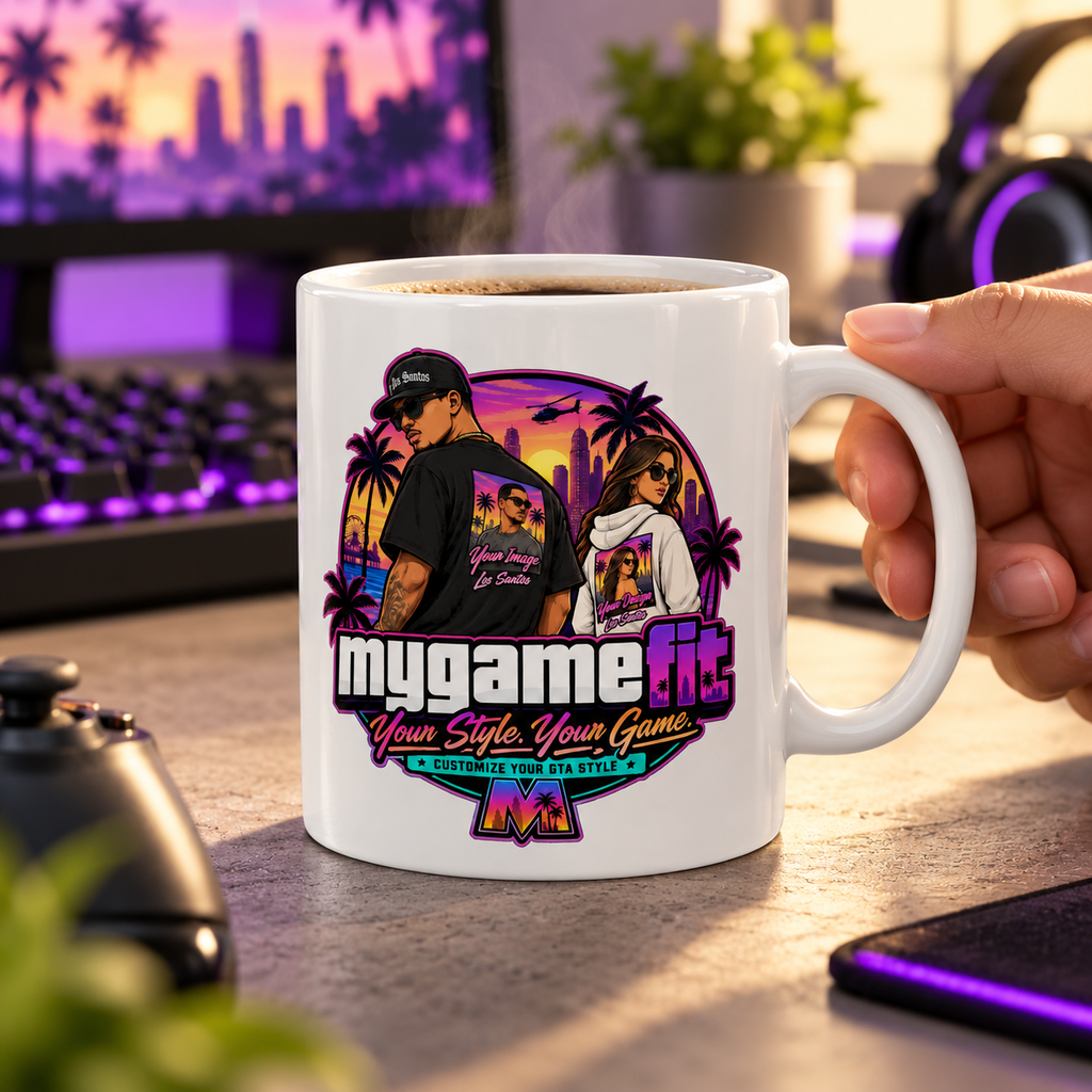 Lifestyle example of MY GAMER FIT mug showing the original branded artwork