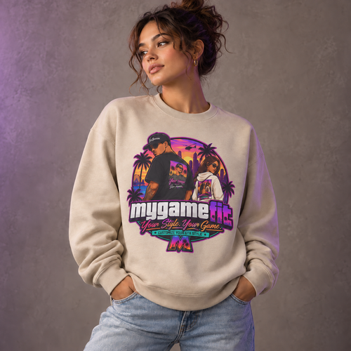 Model wearing My Game Fit Sand sweatshirt