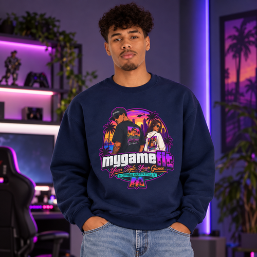 Model wearing My Game Fit Navy sweatshirt