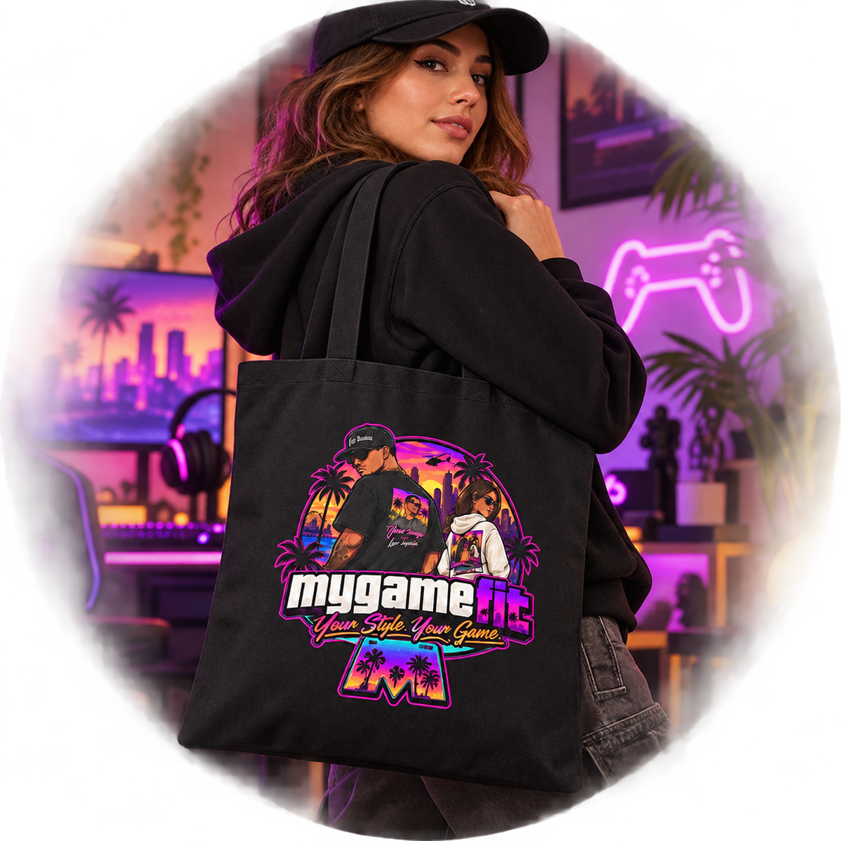 Model carrying My Game Fit Black tote