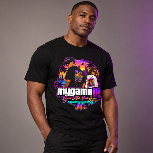 Black T-shirt modeled by a Black man on a warm gray studio background