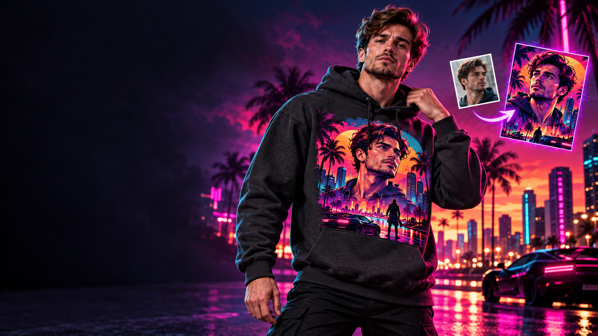 Model wearing a custom illustrated hoodie with a photo-to-art transformation against a neon city backdrop